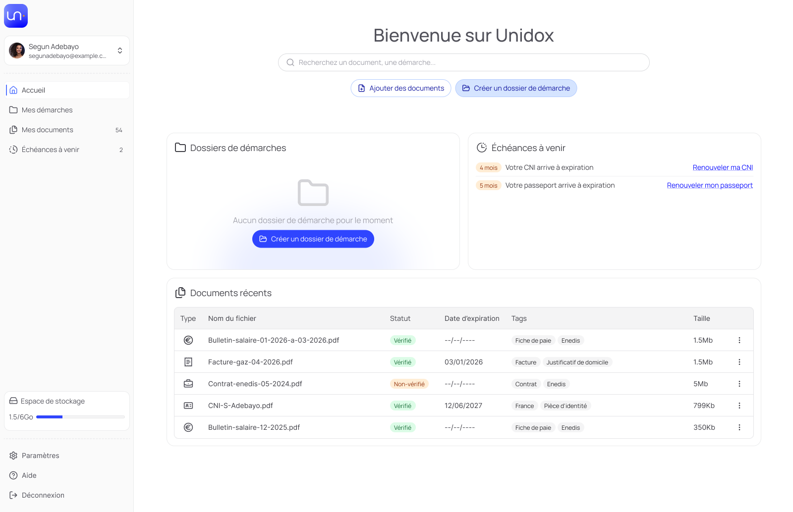 Dashboard Unidox — documents récents, dossiers de démarches et échéances à venir