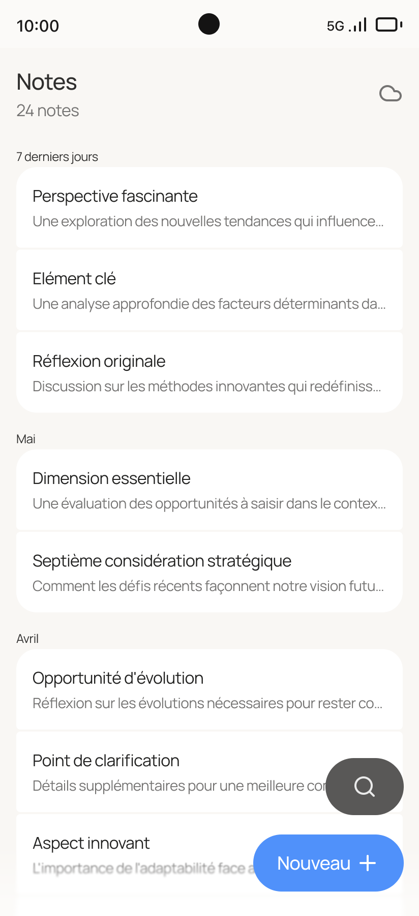 Noted — écran d'accueil, liste des notes récentes avec aperçu et statut de synchronisation drive