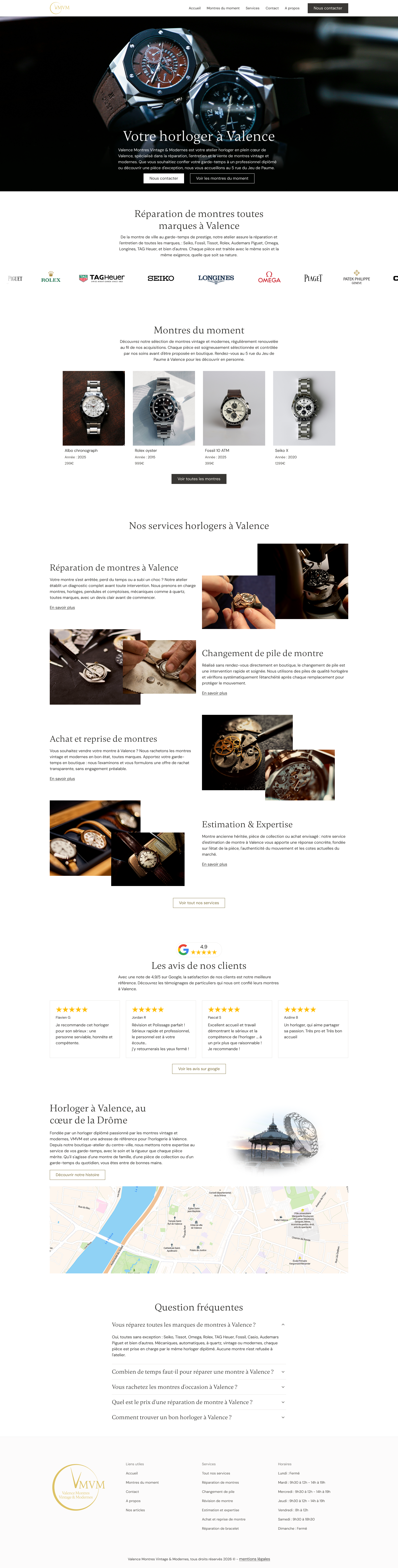 Site vitrine Valence Montres — page d'accueil avec catalogue, services et avis clients