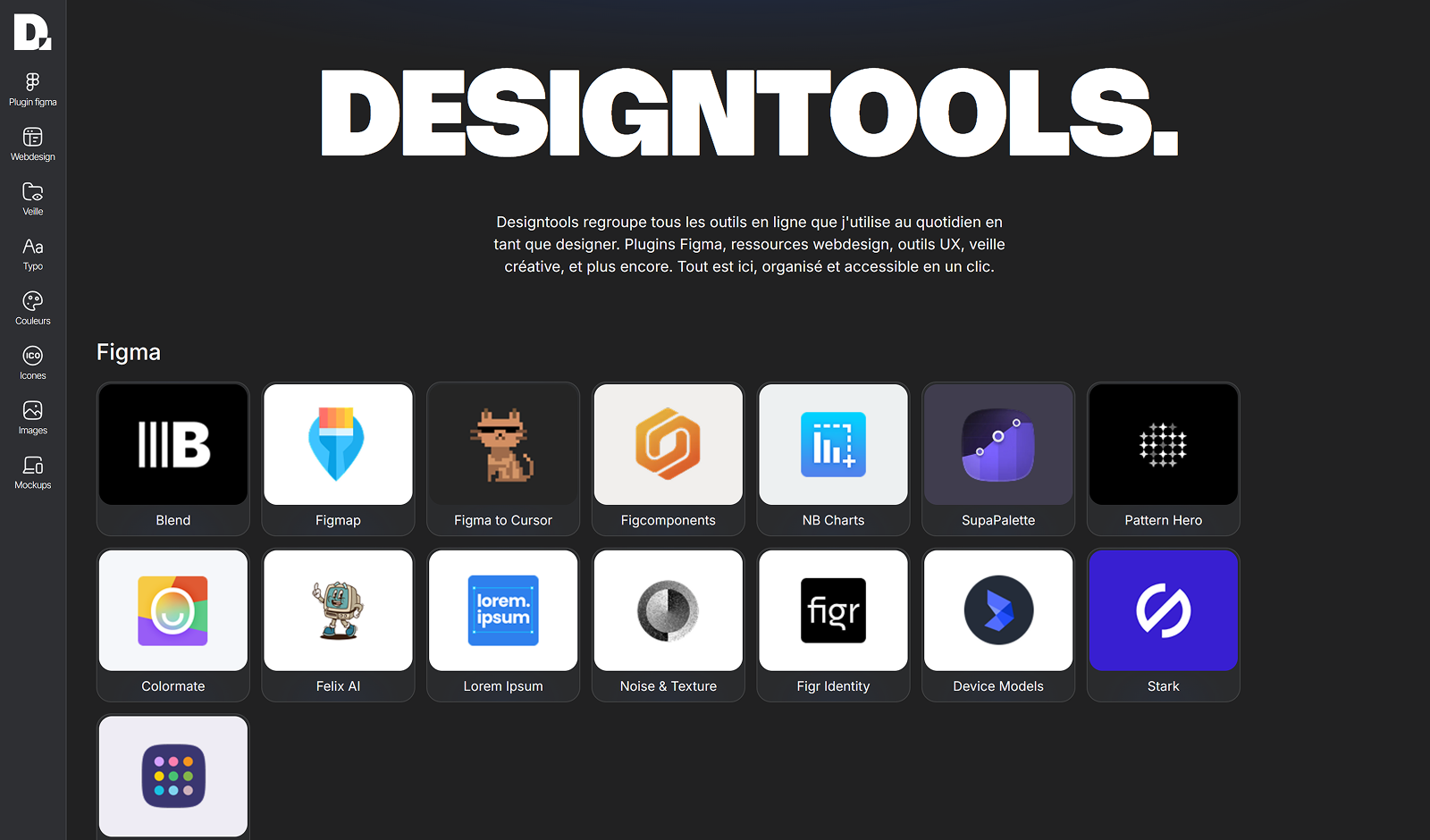 Designtools. — bibliothèque de ressources pour designers, vue principale avec les plugins Figma