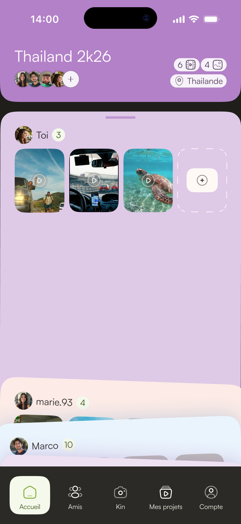 Kin — création du projet voyage, invitation des amis et paramétrage des rappels