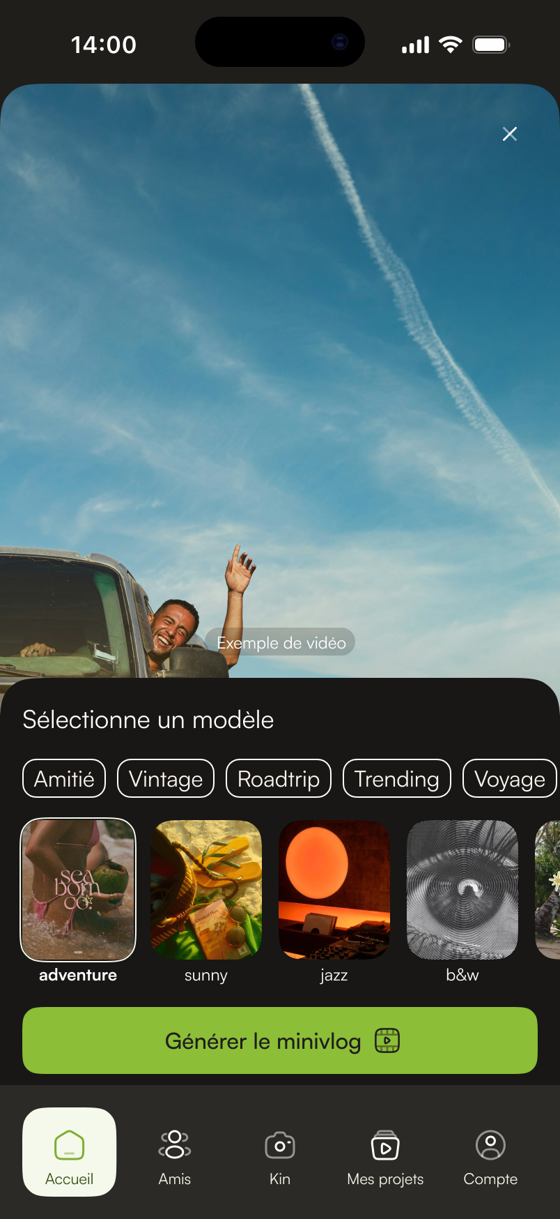 Kin — génération du mini vlog, sélection automatique des meilleurs moments du voyage